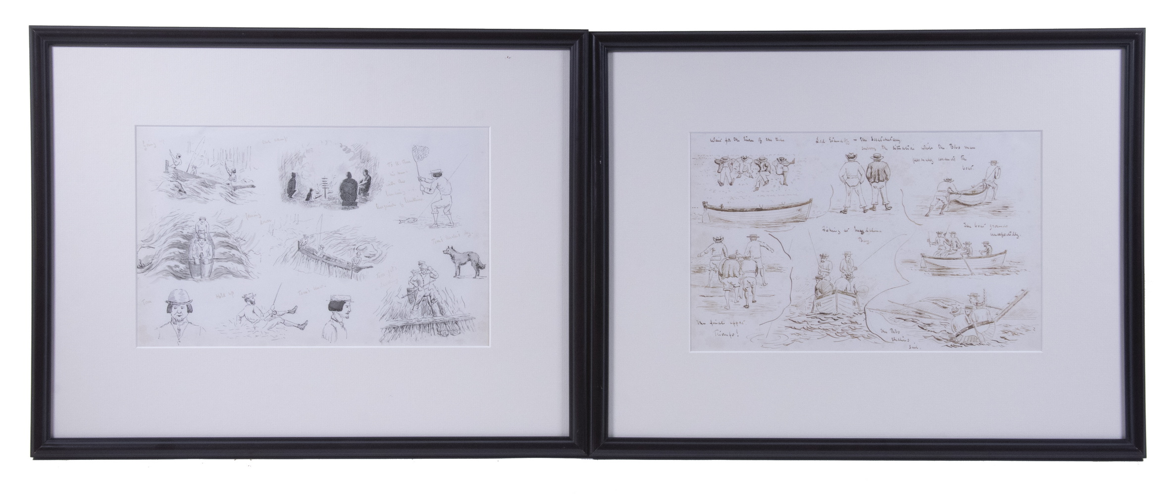 Appraisal: PR FRAMED INK DRAWINGS OF FISHING SCENES Pair of c