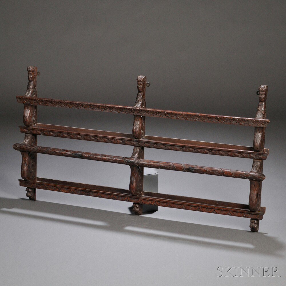 Appraisal: Carved Oak Dish Rack th century with two narrow shelves