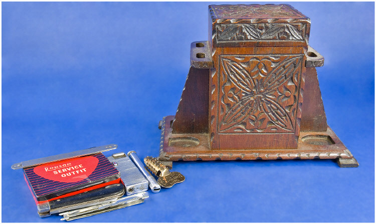 Appraisal: Carved Wood Tobacco Jar and Pipe Rack with original lining