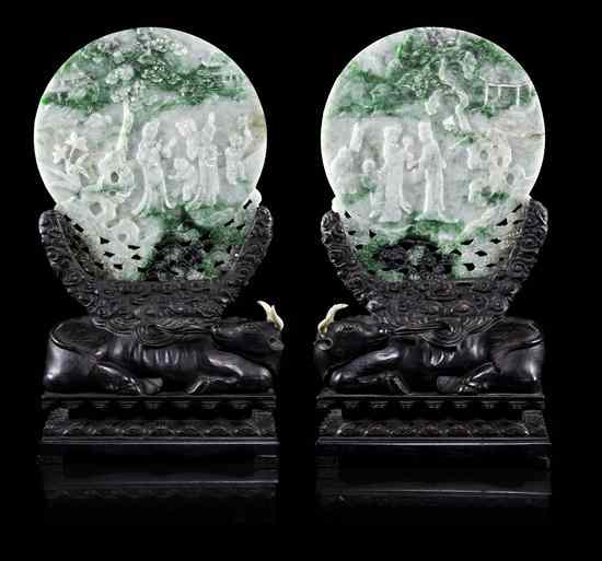 Appraisal: A Pair of Jadeite Table Screens on Hardwood Stands th