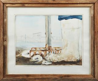 Appraisal: Frank Elacqua Oyster Harvesting watercol Frank Elacqua Oyster Harvesting watercolor