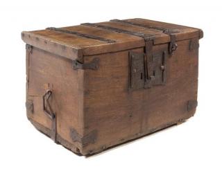 Appraisal: A Continental Wrought Iron Mounted Oak Strongbox Height x width