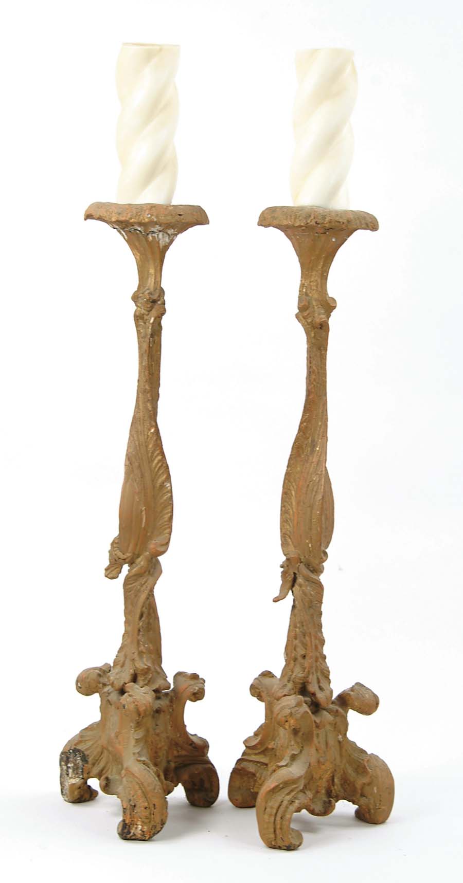 Appraisal: LARGE PAIR OF ANTIQUE CARVED WOOD PRICKET CANDLESTICKS Gesso decorated