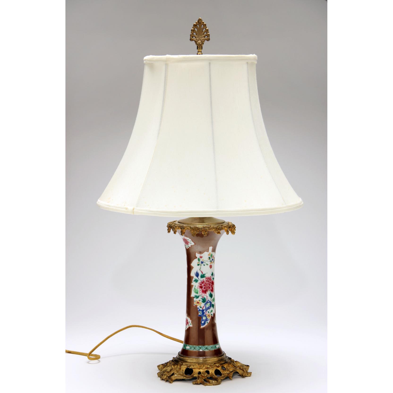 Appraisal: Chinese Porcelain Table Lamp with Ormolu Mounts cylindrical form vase