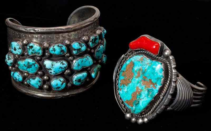 Appraisal: Two Navajo Silver and Turquoise Cuff Braceletscirca s both inset