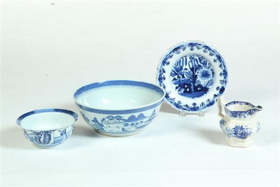 Appraisal: FOUR PIECES OF BLUE AND WHITE CERAMICS Delft plate with