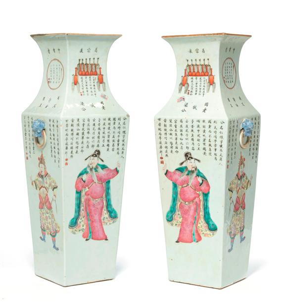 Appraisal: A PAIR OF SQUARE-SHAPED FAMILLE ROSE VASES WITH HISTORICAL FIGURES