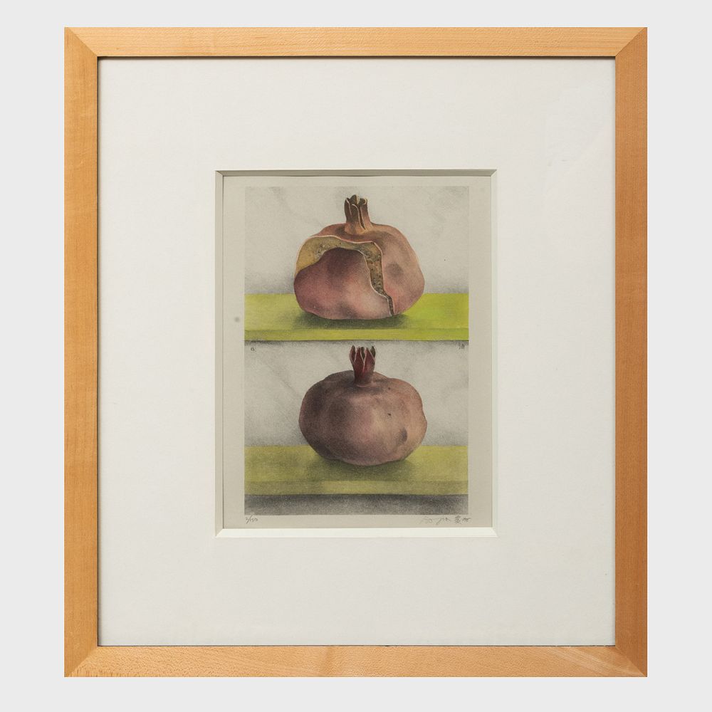 Appraisal: Bo Jia Pomegranates Lithograph in colors on grey wove paper