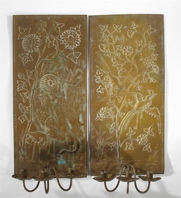 Appraisal: Three Arts and Crafts copper three branch wall sconces each