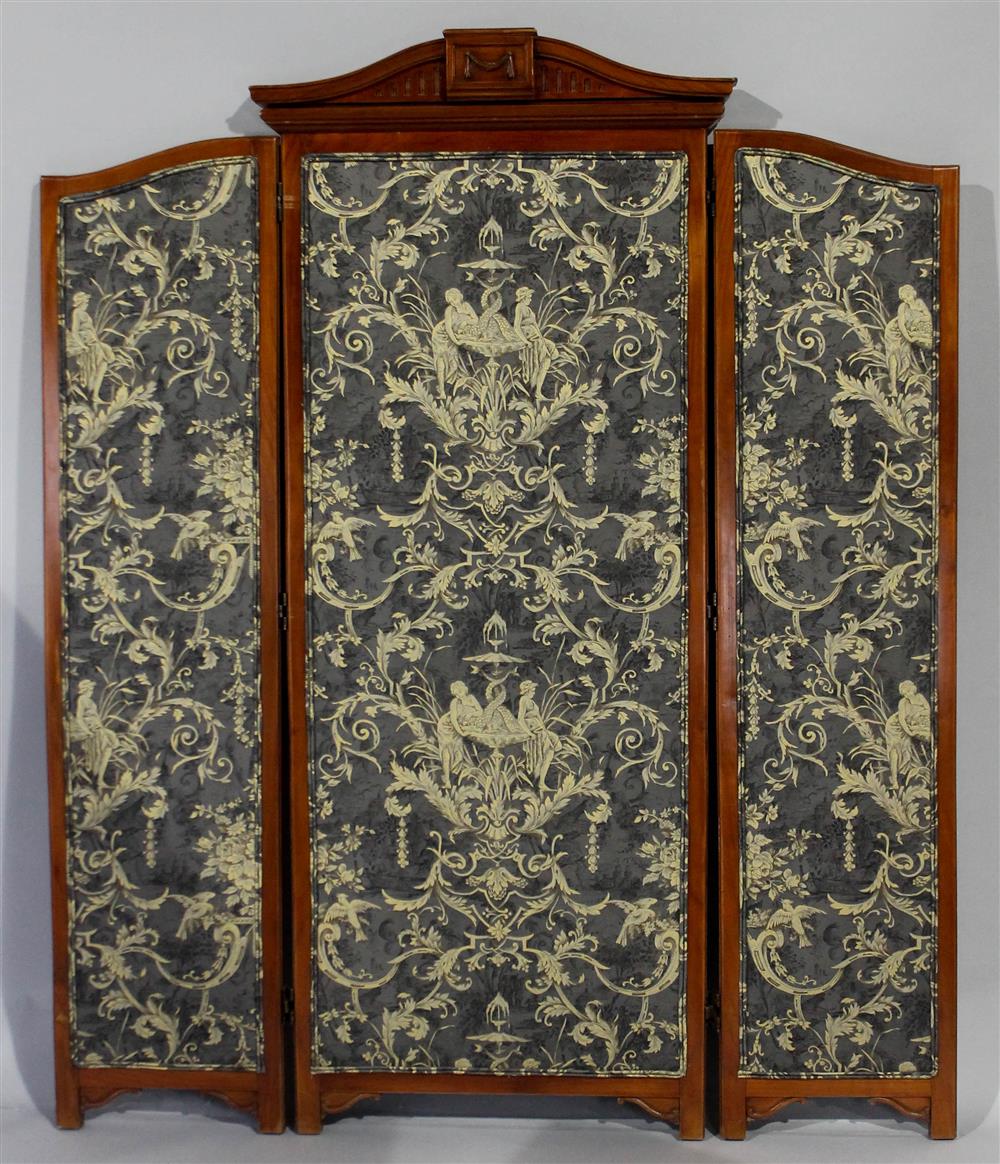 Appraisal: CLASSICAL STYLE TRIFOLD MAHOGANY FOLDING SCREEN WITH FABRIC INSET PANELS