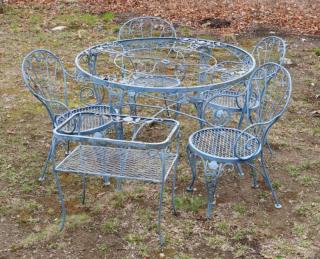 Appraisal: Vintage Wrought Iron Blue Rose Patio Set UNITED STATES MID