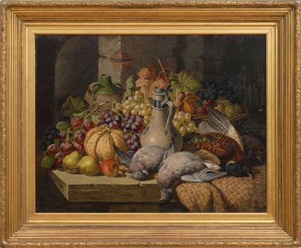 Appraisal: CONTINENTAL SCHOOL STILL LIFE WITH PHEASANTS FRUIT AND JUG Oil