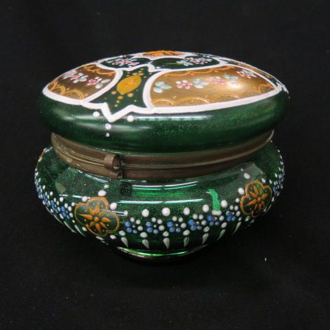 Appraisal: Emerald Art Glass Dresser Box enameled floral gold diameter excellent