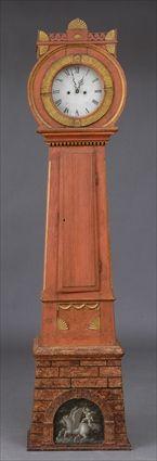 Appraisal: SWEDISH RED-PAINTED LONG CASE CLOCK The pierced cresting above a