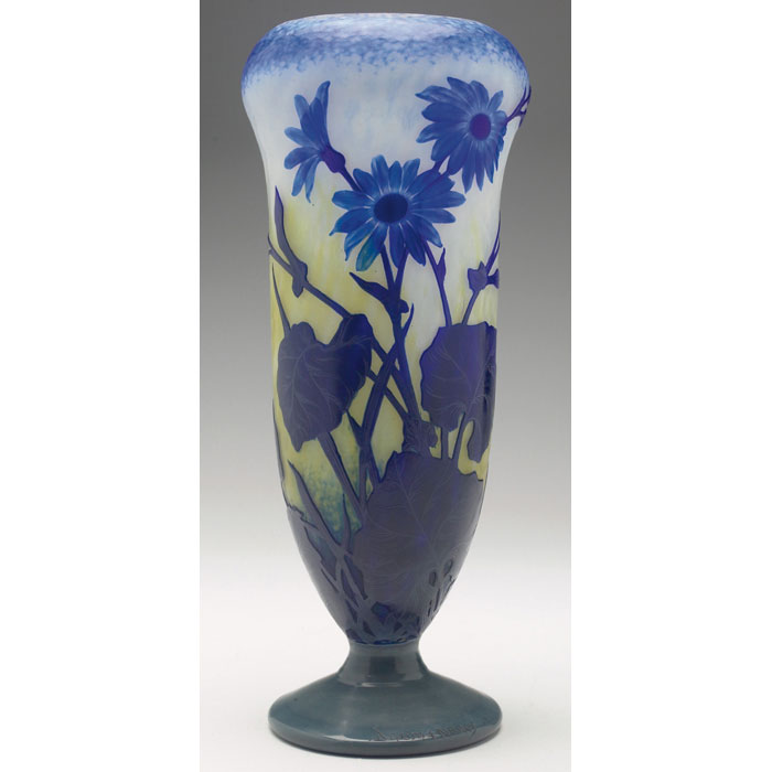 Appraisal: Exceptional Daum vase wheel carved cameo cut blue asters and