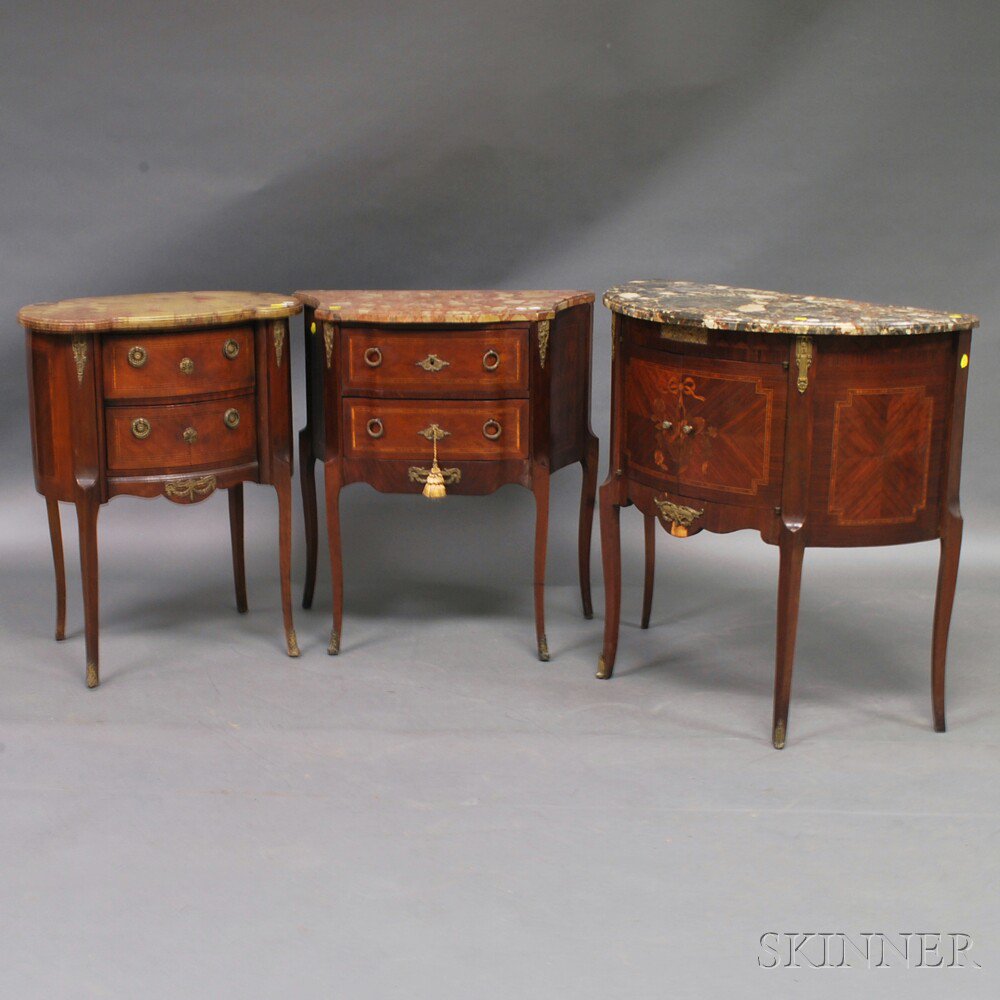 Appraisal: Three Louis XV-style Marble-top Commodes with parquetry and marquetry inlays