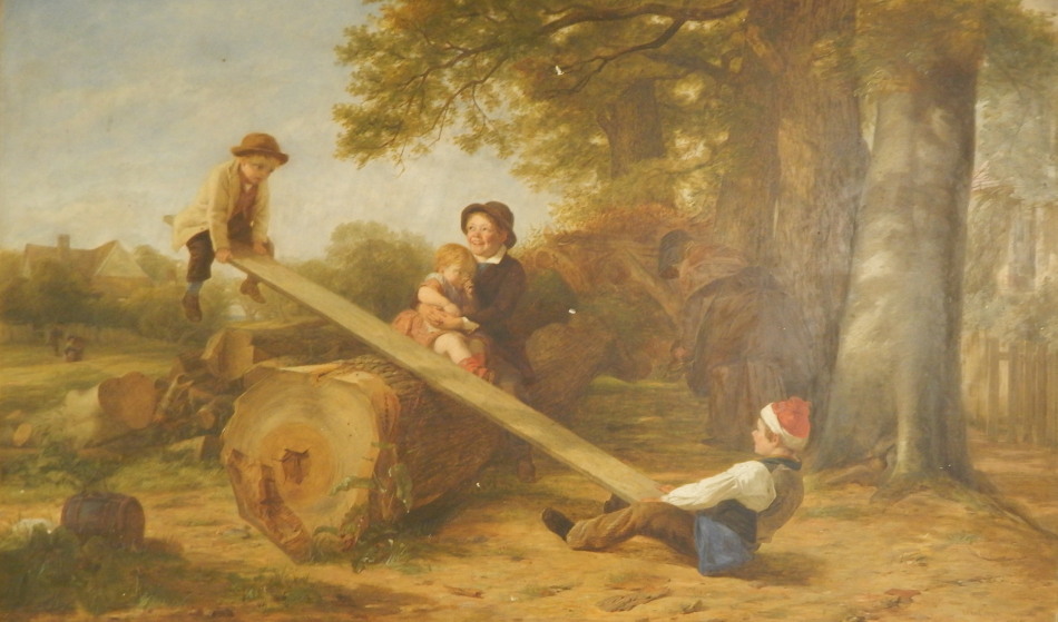 Appraisal: Thomas Webster - Children playing see-saw in woodland landscape oil