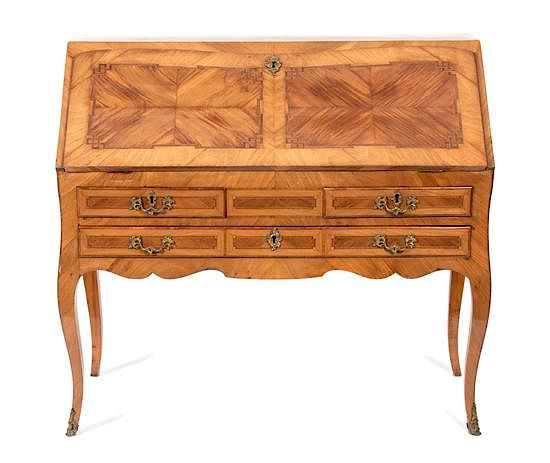 Appraisal: An Italian Rococo Style Olivewood and Parquetry Slant Front Desk