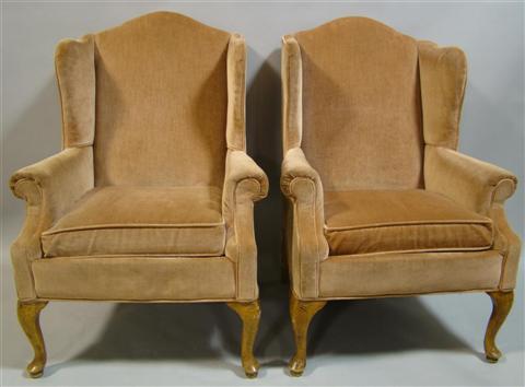 Appraisal: PAIR OF PINK VELVET QUEEN ANNE STYLE WING CHAIRS the