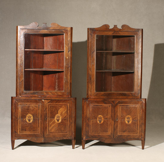 Appraisal: Pair of Continental Neoclassical Style Marquetry and Parquetry Walnut Corner