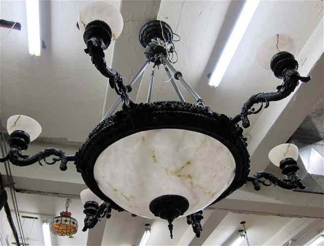 Appraisal: LARGE SIX-LIGHT BRONZE CHANDELIER centering a faux alabaster plafonnier shade