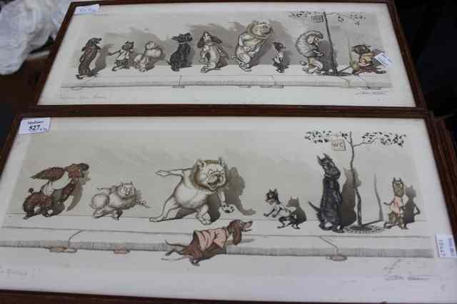 Appraisal: THREE ENTERTAINING COLOURED CARTOONS of dogs indistinctly signed and inscribed