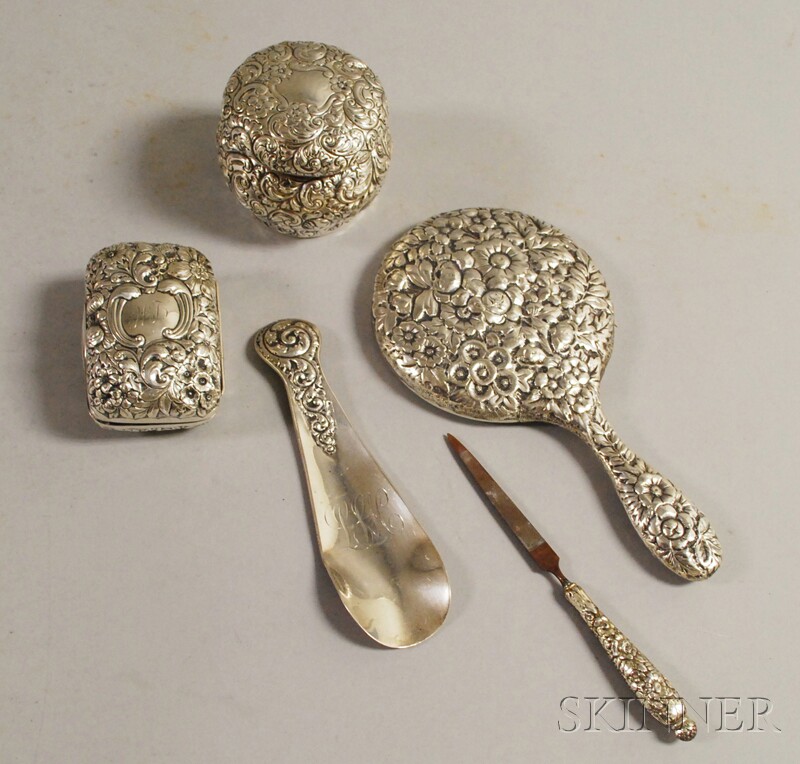 Appraisal: Five-piece Assembled Sterling Silver-mounted Dresser Set including a Tiffany Co