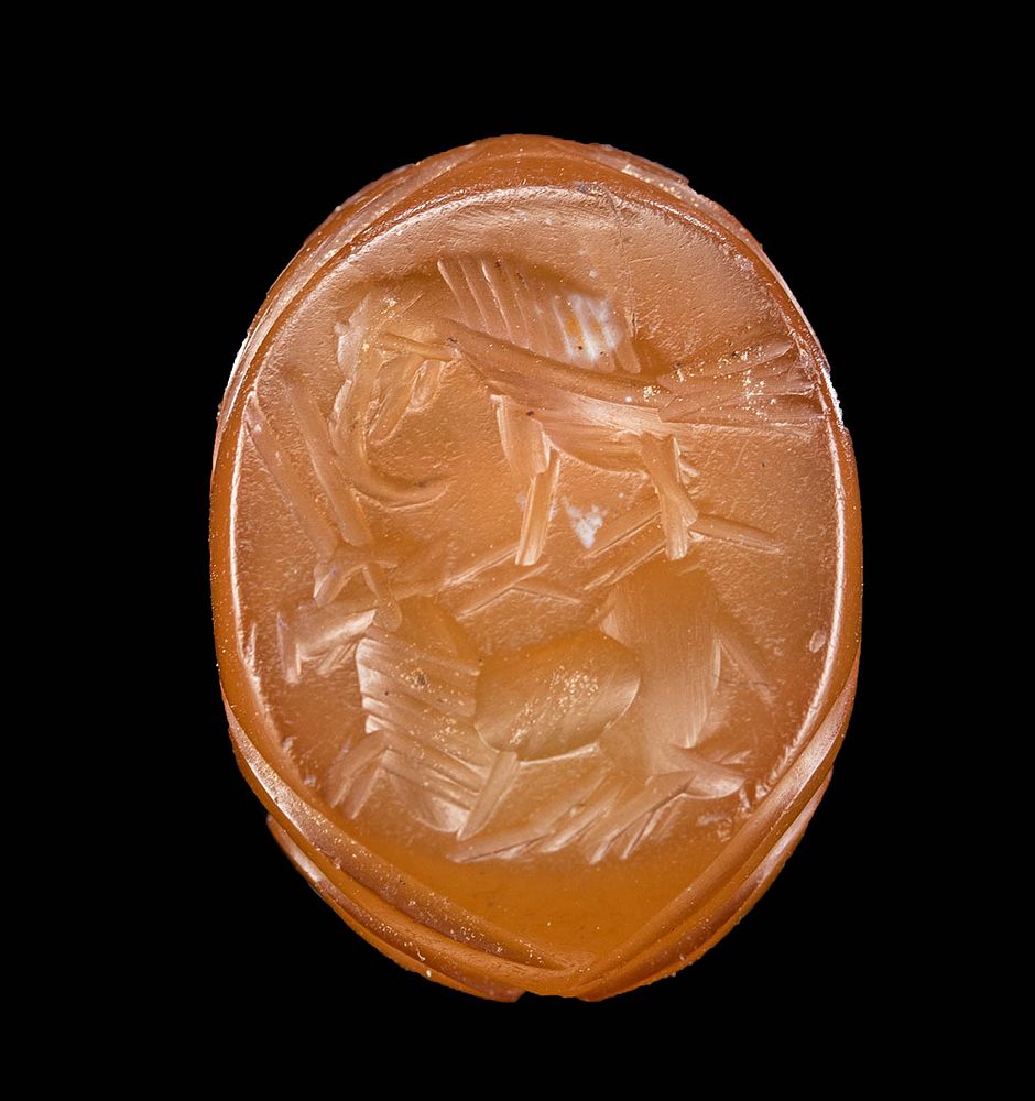 Appraisal: Sassanian Chalcedony Stamp Seal Bead w Eagle Oryx Ancient Near