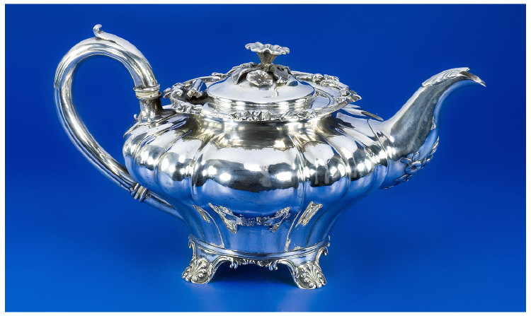 Appraisal: William IV Silver Teapot The Lobed Bellied Body Raised On