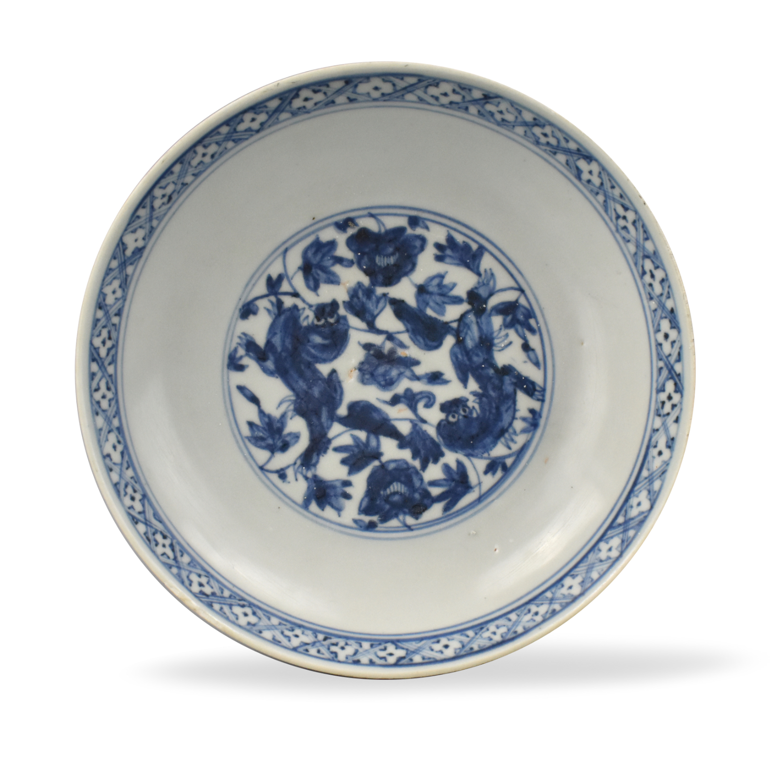 Appraisal: A Chinese th C blue white plate with two foo