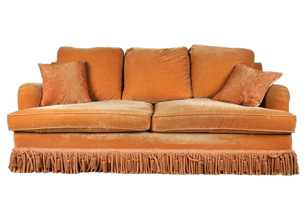 Appraisal: UPHOLSTERED SOFAmanufacturer unknown covered with rust-colored velour COndition fabric worn