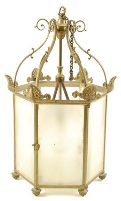 Appraisal: A Regency style brass hexagonal hall lantern with frosted glass