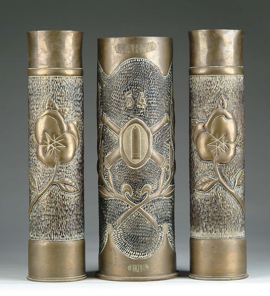 Appraisal: THREE ARTILLERY TRENCH ART PIECES Including matched pair of mm