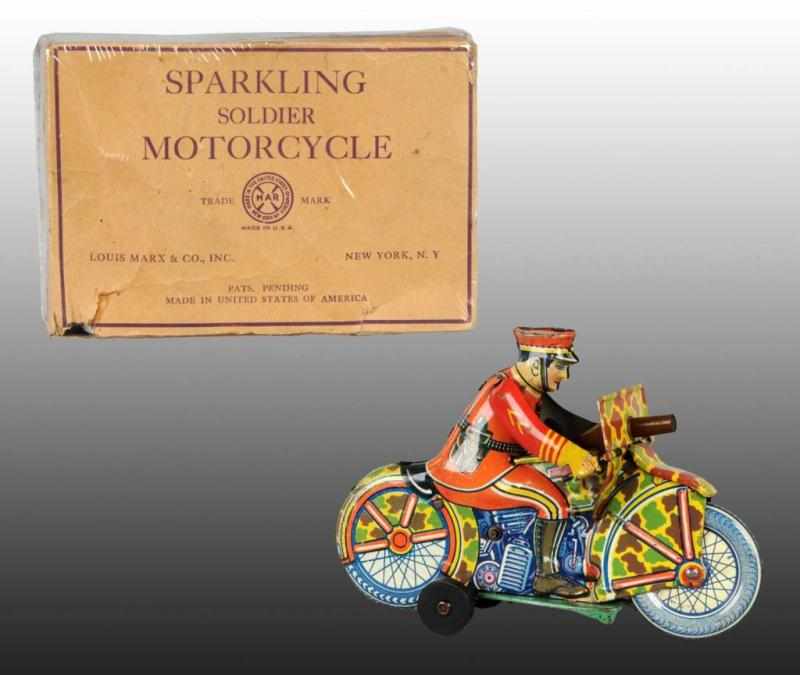 Appraisal: Tin Marx Soldier Motorcycle Wind-Up Toy Description American Working Moderate