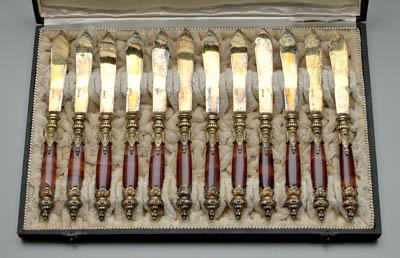 Appraisal: German silver and agate knives acanthus and scroll gilt silver