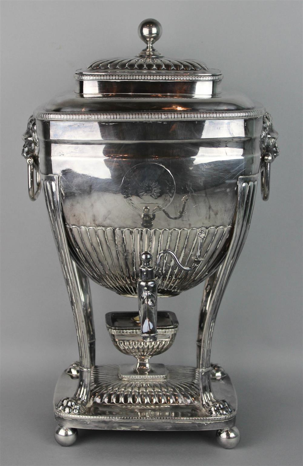 Appraisal: A SHEFFIELD PLATED CRESTED TEA URN ON STAND mid th