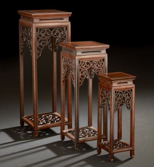 Appraisal: Group of Three Rosewood Miniature Plant Stands each elaborately carved