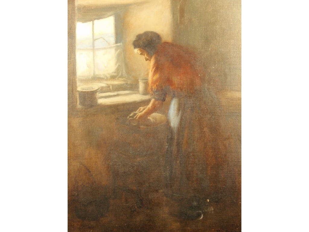 Appraisal: M J Dobson Interior study of an elderly woman washing