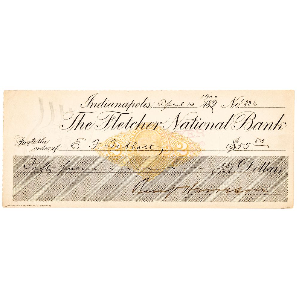 Appraisal: April BENJAMIN HARRISON Signed Check While Serving As President Autographs