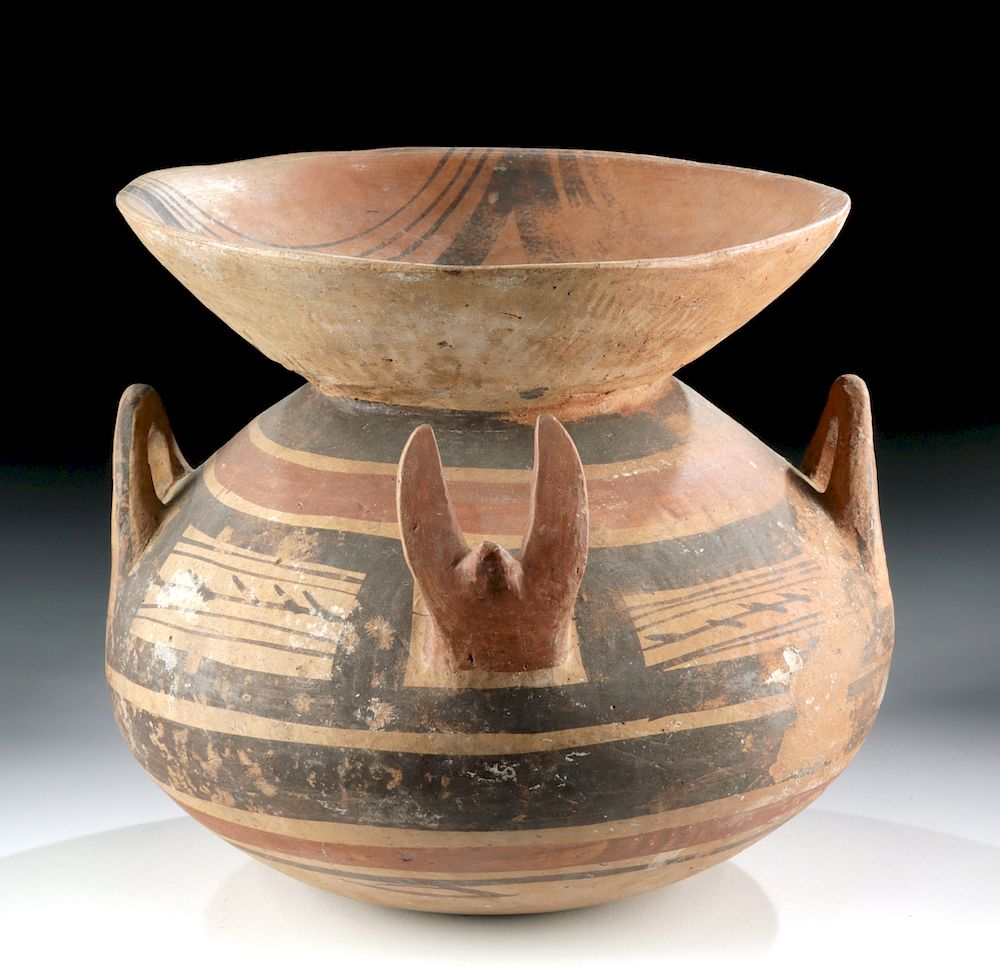 Appraisal: Greek Daunian Polychrome Funnel Krater Bat Protomes Originally Listed At