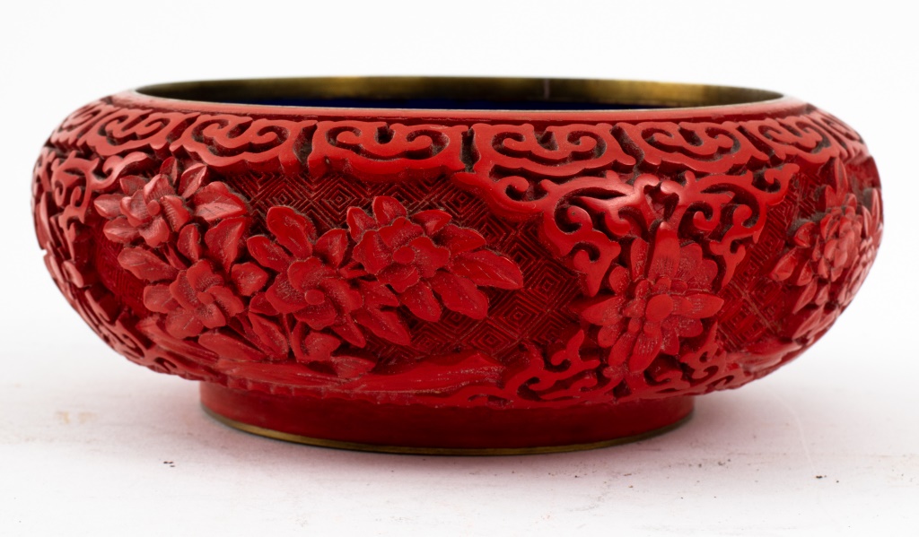 Appraisal: CHINESE CINNABAR BOWL W ENAMEL Chinese cinnabar bowl with enamel