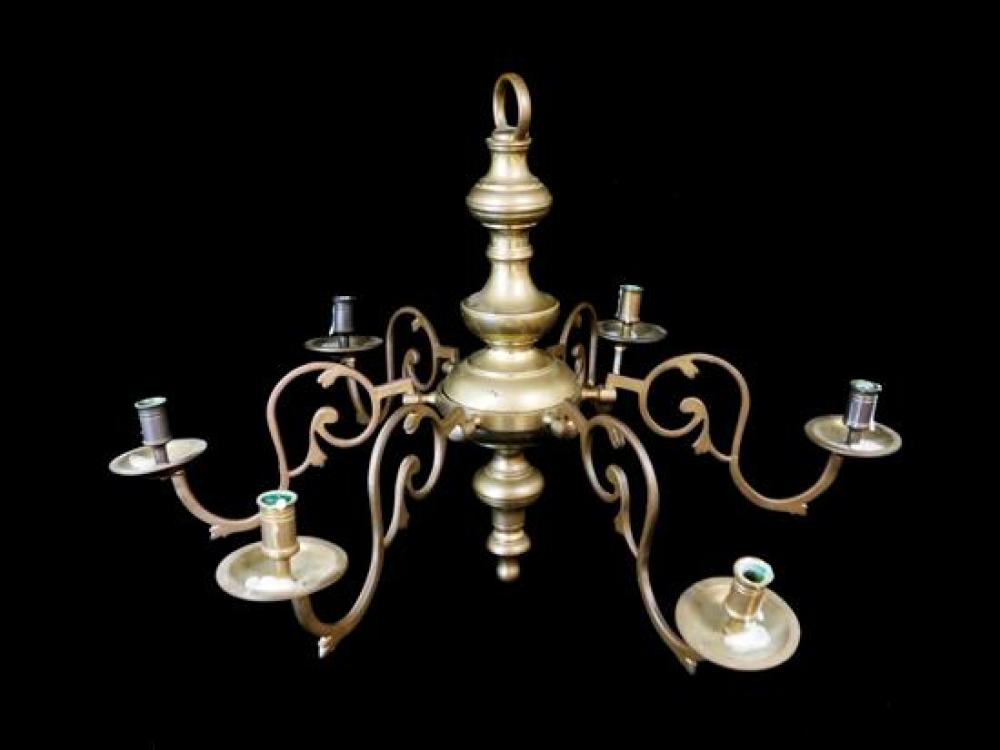 Appraisal: Brass candle chandelier six removable scroll arms with candleholders urn