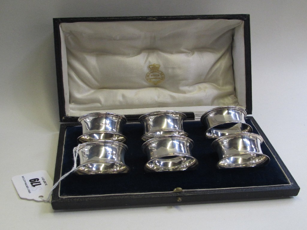 Appraisal: Cased set of six silver napkin rings Sheffield