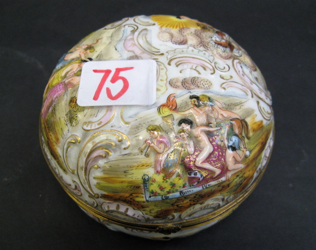 Appraisal: CAPODIMONTE ROUND COVERED PORCELAIN BOX c having painted raised classical