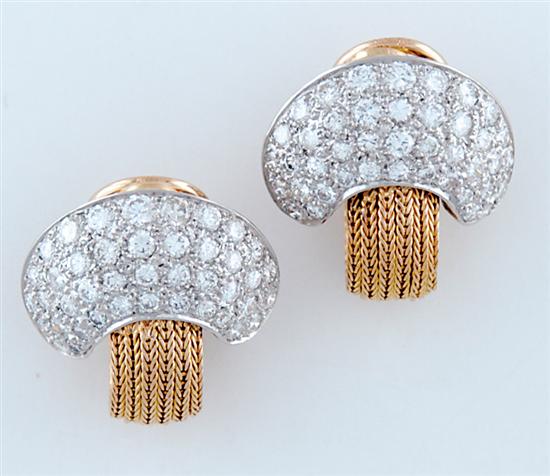 Appraisal: Pair diamond gold and platinum earclips platinum crescent pave set