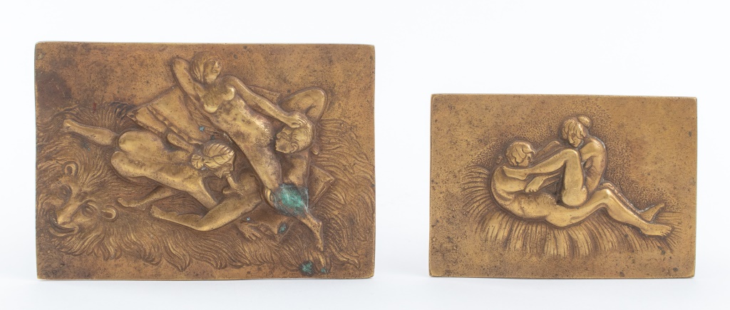 Appraisal: ART NOUVEAU GILT BRONZE EROTICA PLAQUES Two Art Nouveau gilt