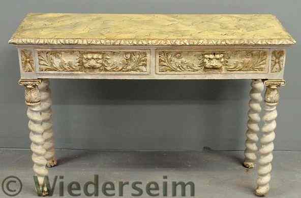 Appraisal: Continental two-drawer table with leopard head pulls and painted faux