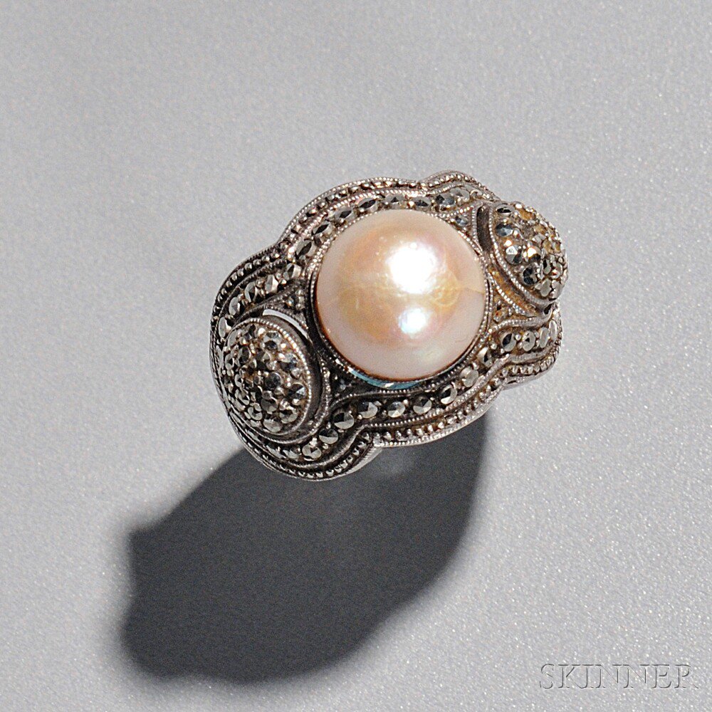 Appraisal: Theodor Fahrner Art Deco Ring Sterling silver split cultured pearl