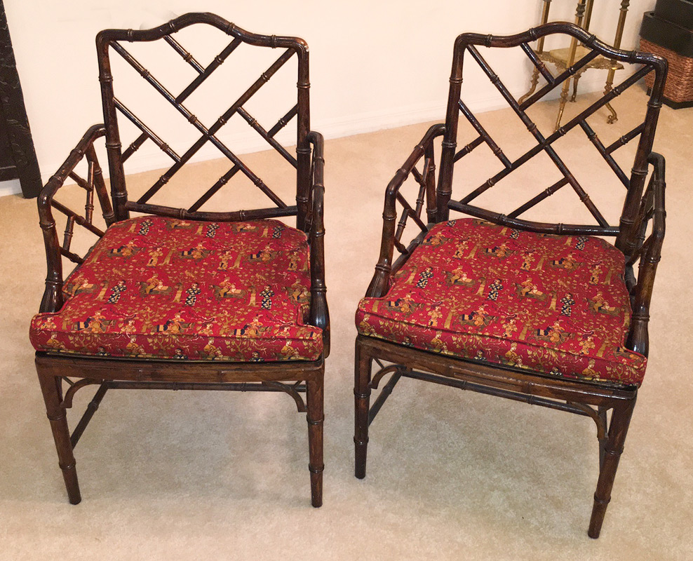 Appraisal: PAIR FAUX BAMBOO ORIENTAL STYLE ARM CHAIRS Carved faux bamboo