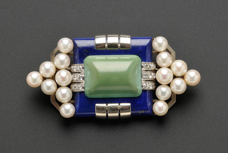 Appraisal: Art Deco Lapis Turquoise and Diamond Brooch Mauboussin France designed